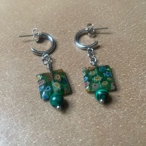 Italian millefiori green glass floral and malachite bead hoop earrings
